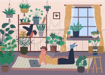 Greenhouse with plenty of pots and vases vector, shelf with potted plants, window with curtains, male watching film on laptop, guy on floor with pc