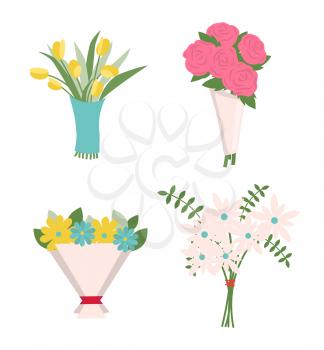 Flowers in wrapping vector, decoration isolated icons set. Tulips and roses in paper tied with red ribbon, green fern and foliage, rosebud present