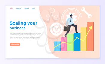 Scaling business worker with briefcase running up vector. Businessman and tools, successful time management. Gears and cogwheels process signs, infochart