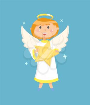 Little person with wings and nimbus holding big glossy star, portrait view of flying angelic character in white clothes, blue background with kid vector