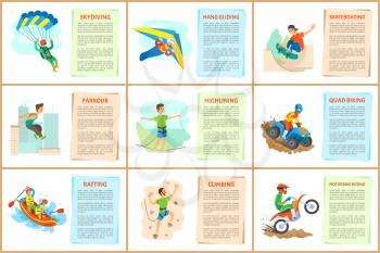Parkour and wall climbing activity vector, extreme sports, hang gliding and highlining, rafting in boat and skateboarding of person, quad biking set