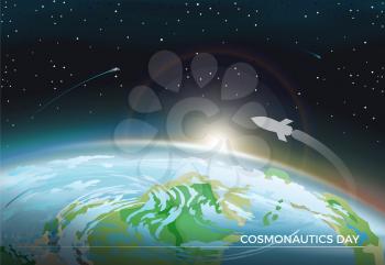 Cosmonautics day, space poster, banner with Earth and stars, spaceship and flying comet, sunrise and view, vector illustration, isolated on black
