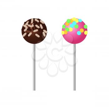Sweet strawberry round lollipop with colorful sprinkles and chocolate on top. Delicious confectionery product on stick isolated cartoon flat vector illustration.
