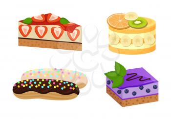 Set of cute cakes with strawberry blueberries and banana with orange and kiwi on them, two fancy desserts, vector illustration isolated on white