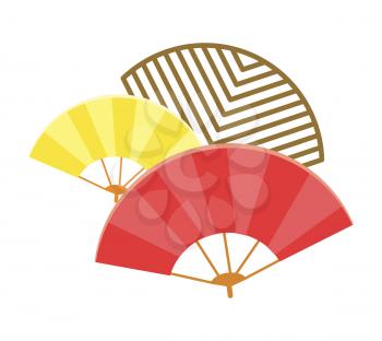 Traditional Japanese big striped fans isolated cartoon flat vector illustration on white background. Ancient oriental accessory with wooden handle.