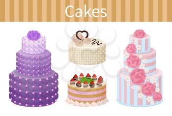 Cakes various delicious desserts vector illustration of different shapes pies with chocolate strawberries and red cherries, fruits and tasty frosting