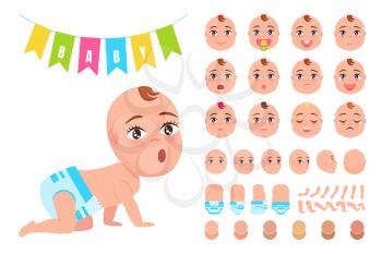 Baby Constructor with flags, parts of body and kid wearing diaper standing on laps, faces and emotion, hair and skin color vector illustration on white