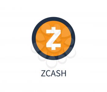 Orange zcash coin with sign underneath isolated cartoon flat vector illustration on white background. Convenient digital money promotional emblem.