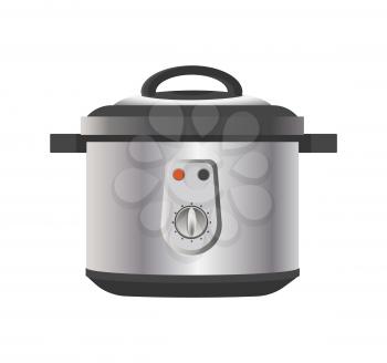 Modern multicooker for kitchen in shiny metallic corpus with buttons to set conditions for cooking. Electric appliance for food vector illustration.