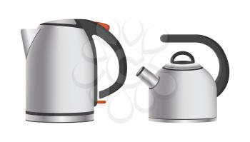 Modern shiny metal teapots electric and simple. Kitchen appliances to heat water and make hot drinks isolated realistic vector illustrations set.