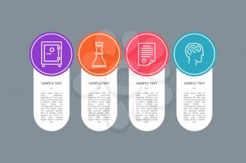 Sample text banner, colorful circle with icons, vector illustration with safe and paper with strategy text, brainstorm activity and chess queen figure