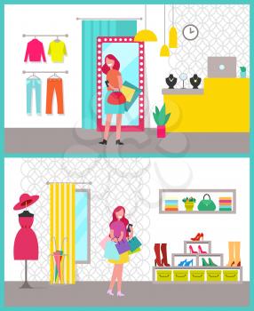 Women shopping posters set, dress and hat, sweaters and pants, counters with jewellery and laptops, ladies with bags, isolated on vector illustration