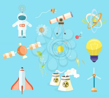 Science themed vector illustrations. Spaceman, powerful telescope, atomic model, solar system, lamp and modern rocket, toxic wastes and wind generator.