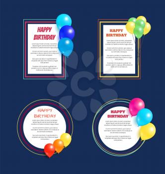 Set of happy birthday greeting cards with frames, place for text, decorated by helium balloons, congratulations posters isolated on blue background