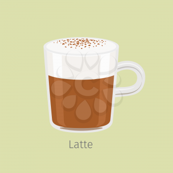 Glass mug with aromatic latte flat vector. Hot invigorating drink with caffeine. Espresso based coffee with frothing milk and chocolate sprinkle on creamy foam illustration for cafe menus design