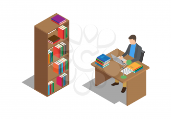 Young student studies with laptop at wooden desk beside bookcase full of textbooks in library isolated vector illustration on white background.