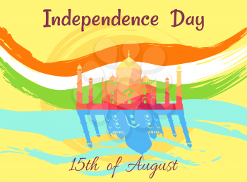Indian Independence Day on 15th of August poster with national flag colors and Taj Mahal made of small pieces vector illustration.