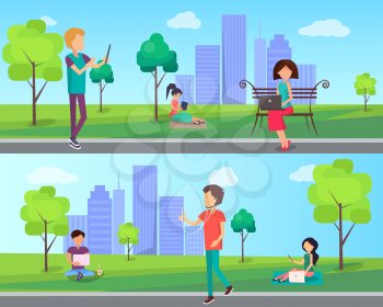 People spend time in city park with modern computer technologies, walk outdoors in free wi-fi zone vector illustration on background of skyscrapers