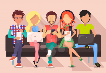 People and technology banner vector illustration. Males and females sit on bench in wi-fi zone using modern gadgets and getting free internet access