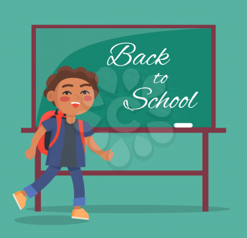 Back to school banner with inscription. Isolated vector illustration of kid dressed in black-and-blue t-shirt with red backpack going by blackboard