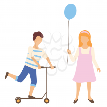 Boy standing on scooter and girl with air balloon, teenager people isolated. Young human in casual clothes balancing on urban transport, cartoon kids vector