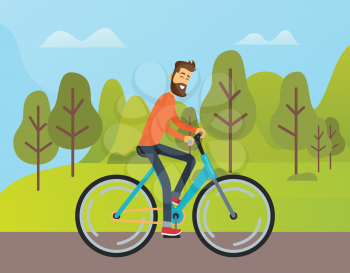 Man riding bicycle outdoor, side view of boy in casual clothes, smiling boy with beard going near trees and mountain landscape, biking weekend vector
