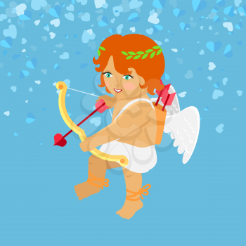 Little angel with white wings, festive card. Valentines Day Cupid aiming with bow, heart with arrow. Cartoon character boy isolated on blue vector