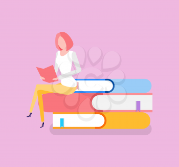 Woman sitting on pile of books education knowledge receiving vector. Bookworm with printed publications getting information from encyclopedia reference