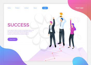 Success of team, teamwork and award for work site vector. Online web page with text sample and people happy of being successful, male and female online in flat style