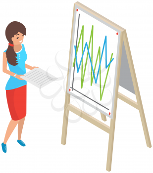 Girl analysing board with financial graphs and charts. Woman with statistical business report in her hands looks at poster with fluctuating graph. Female character analyze statistics on board