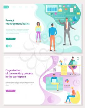 Organization of work process in workplace vector, project management basics. Freelancers and office workers, seminar boss explaining details. Website or webpage template, landing page flat style