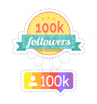 Follower and rainbow ribbon with profile of internet web user vector. Patches of rounded shape, chatting box form and icon. Social network buttons