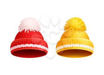 Knitted red and yellow hat with white pom-pom vector icons. Warm headwear items, winter cloth thick woolen chunky yarn, hand knitting crochet headdresses