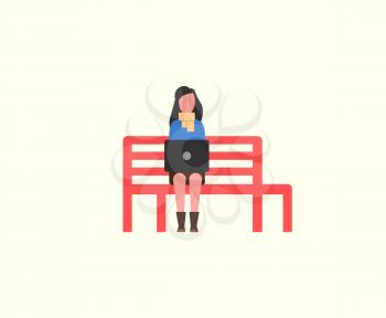 Woman working with personal laptop on wooden bench vector. Freelance worker busy with work, sitting outdoor. Freelance female at job typing on pc