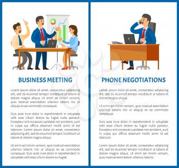 Business meeting and phone negotiation office work. Boss and employees, office work, graphics with statistics, laptop on desk vector illustrations.