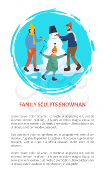 Family sculpts snowman people having fun outdoors vector. Father and mother with child holding branch hand of character from snow, snowballs with nose