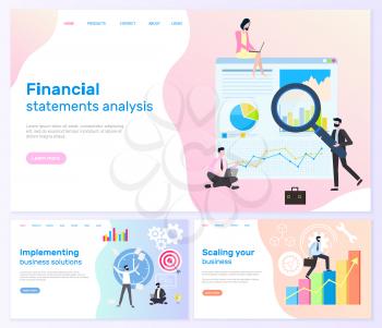 Scaling business and financial statistics websites set vector. Workers holding magnifying glass researching charts, infographics and schemes worldwide