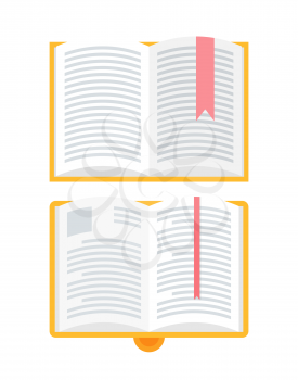 Notebook with bookmarks set of isolated icons vector. Textbook with information and text for students to learn, pictures and explanatory information