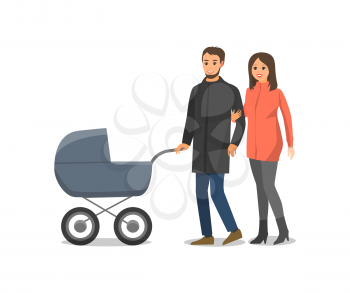 Couple in love family with pram isolated people walking together vector. Male and female having fun outdoor with child, newborn baby in perambulator