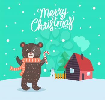 Merry Christmas bear wearing scarf poster with greeting text vector. Furry animal with sweet hard candy, house with chimney and evergreen pine tree