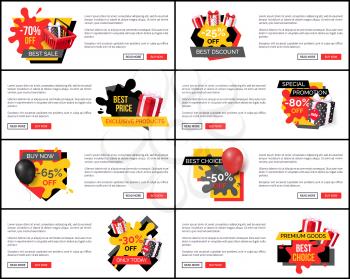 Buy now on discount, shopping and store sale vector web site templates. Banner with text and gift boxes, commerce trading business promotion labels