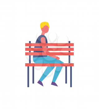 Boy sitting alone on bench in park isolated cartoon badge vector icon. Guy in casual clothes having rest on wooden bank, spending time on fresh air