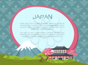 Japan travelling advertisement banner template with traditional house, sakura trees and high mountain cartoon vector illustration and sample text.