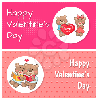 Happy Valentines day posters plush fluffy teddies, female and male with big heart gift, couple read books vector illustration greeting cards with text
