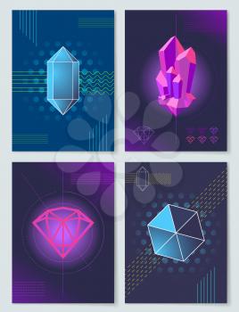 Bright neon lights and geometric shapes posters in abstract futuristic style cartoon vector illustrations on dark backgrounds with lines and dots.