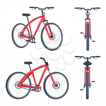 Bike with pedals and rudder front and side view, bicycle lumens headlamp vector illustration isolated on white background. Sportive active transport