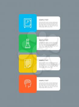 Infographic elements, squared frames and text sample with hadlines, icons of human brain, chess figure and strongbox isolated on vector illustration