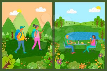 People relaxing on nature vector, man and woman eating sitting by table near lake, pond river with water, forest with mountains and hikers backpacks