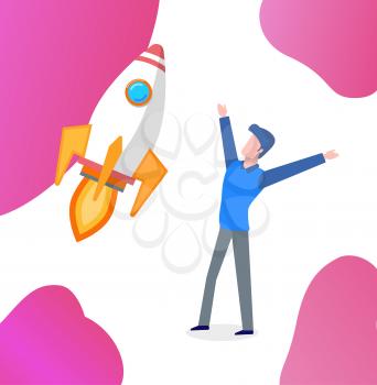 Happy entrepreneur with flying rocket vector. Successfully launched startup, businessman excited from success of project. Rapid pace speed of spaceship. New idea