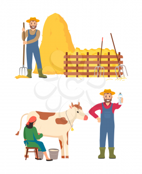 Person standing with hayfork vector, isolated man and woman milkmaid with cow, male showing bottle with milk organic beverage, hay dried grass bale